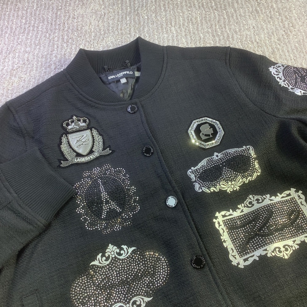 Karl Lagerfeld Paris Black Embellished Bomber Jacket Style L5TCU110 Size L NWT